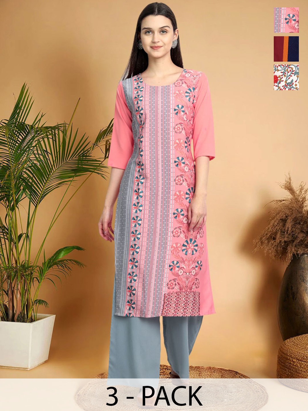 7Threads Selection Of 3 Ethnic Motifs Printed Round Neck Straight Kurtas, Pink