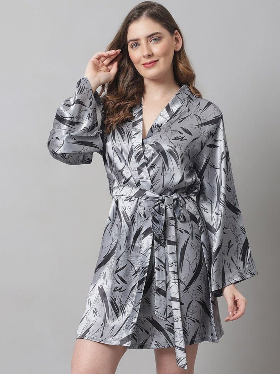 

XPIOX Women Printed Robe With Belt, Grey