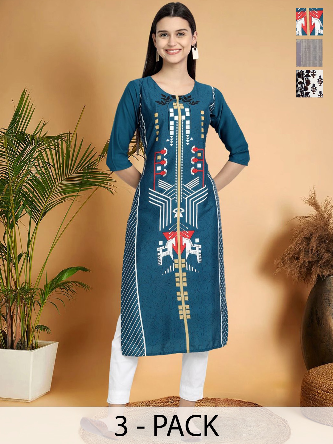 

7Threads Selection Of 3 Geometric Printed Round Neck Straight Kurtas, Teal