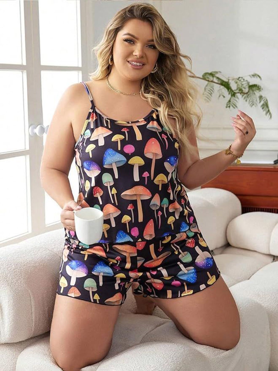 

XPIOX Women Printed Shoulder Straps Satin Night Suit, Black
