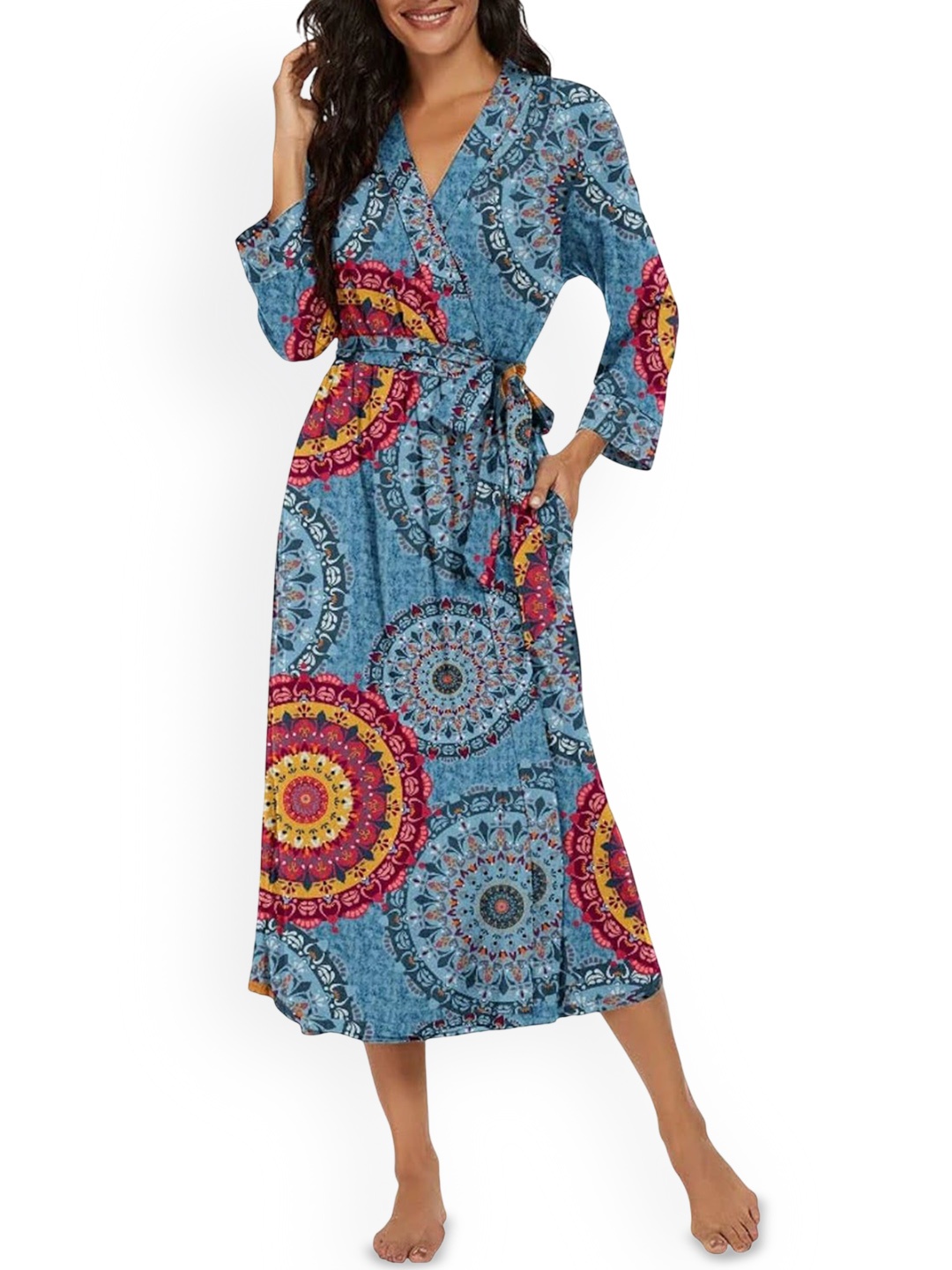

XPIOX Women Ethnic Motifs Printed Satin V-Neck Bathrobe, Blue