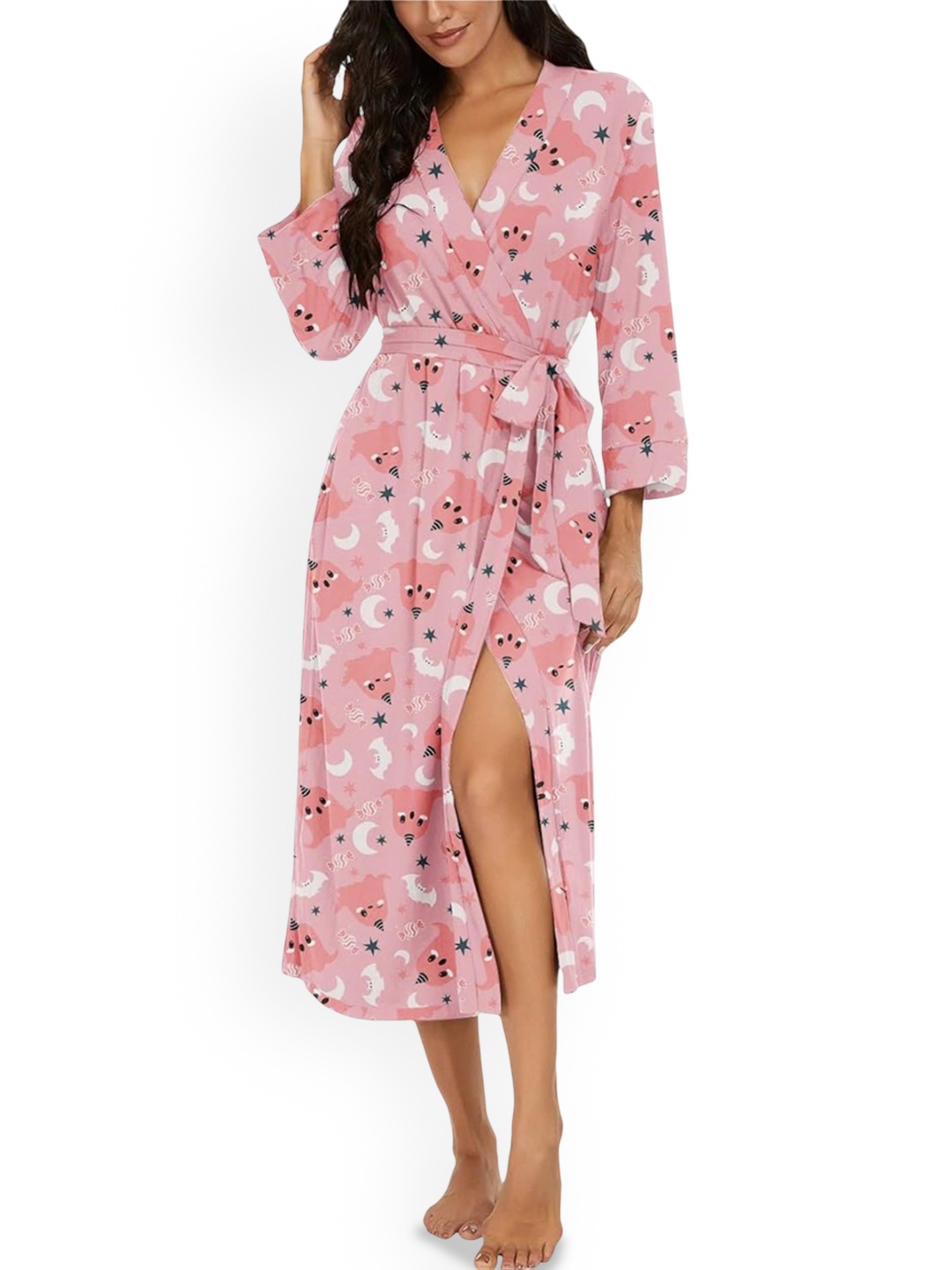 

XPIOX Women Printed Robe With Belt, Pink