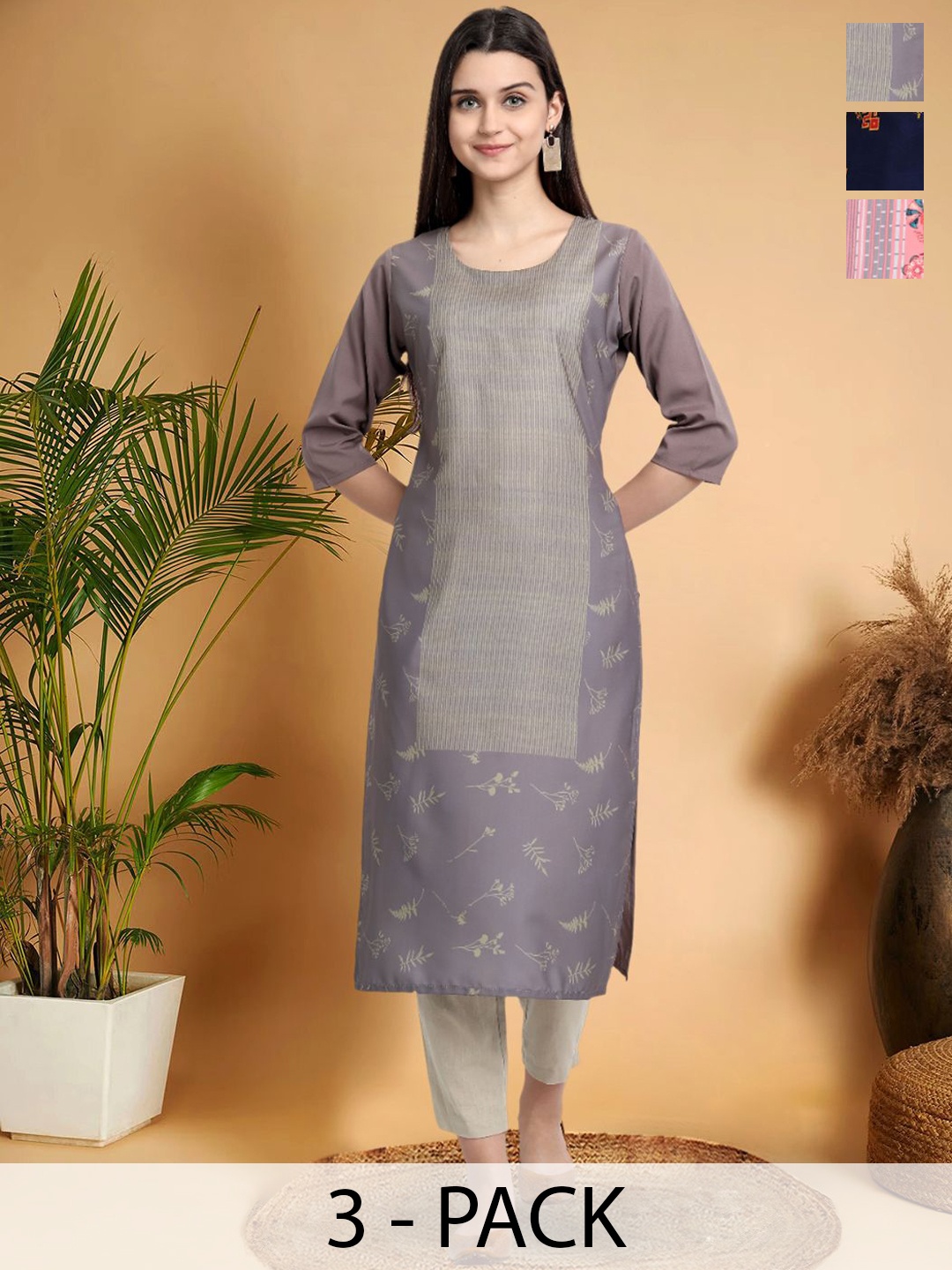 

7Threads Selection Of 3 Geometric Printed Round Neck Straight Kurtas, Grey