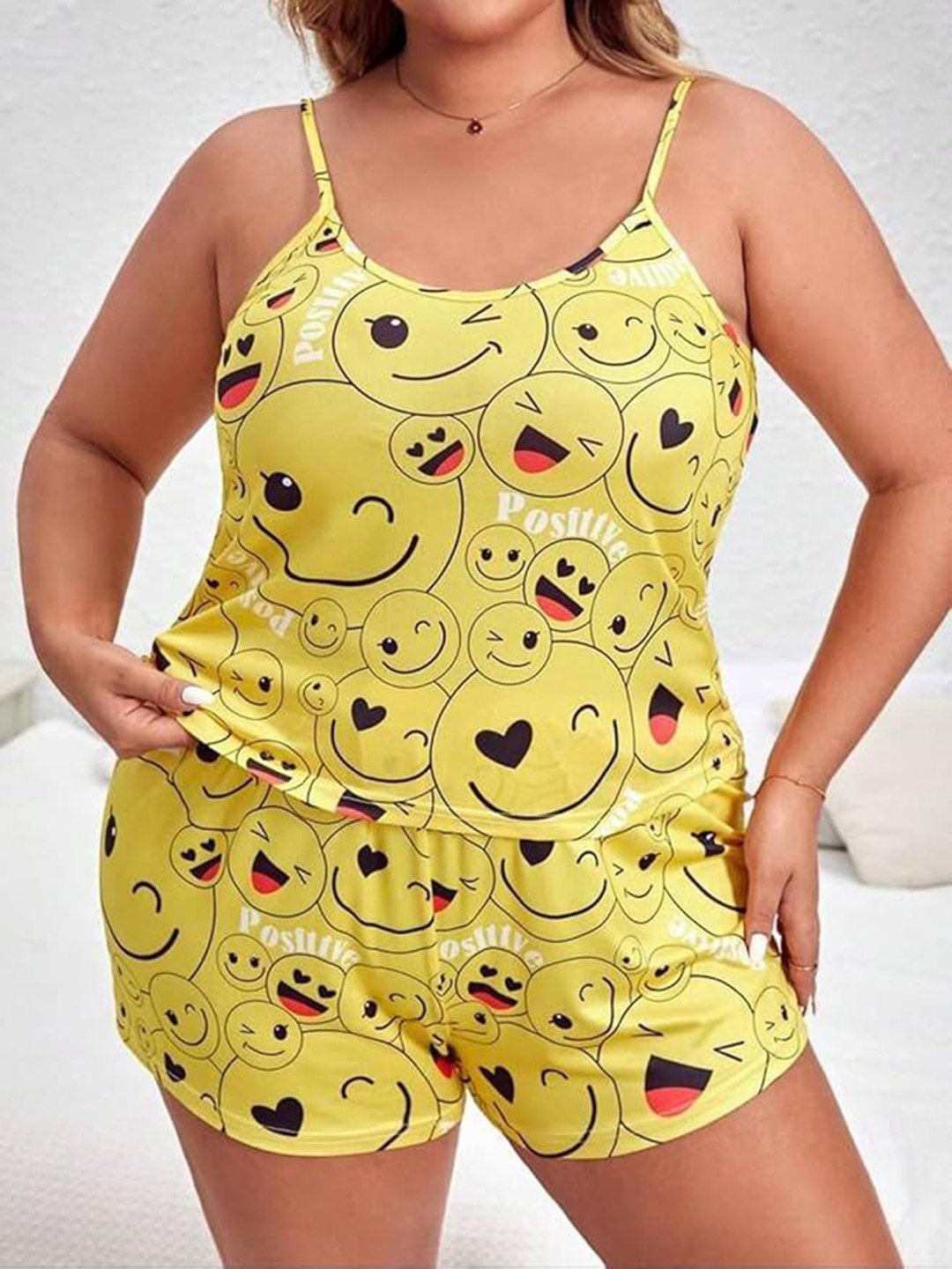 

XPIOX Women Printed Satin Night suit, Yellow