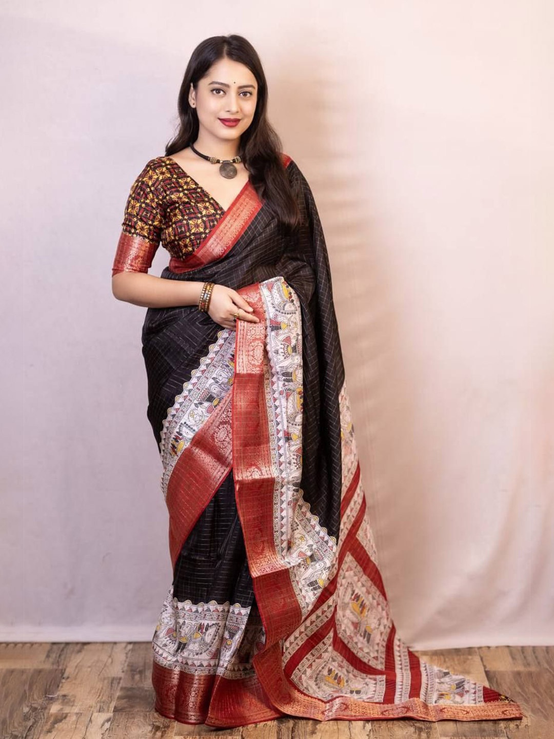 

Miss Beelee Checked Zari Banarasi Saree, Black