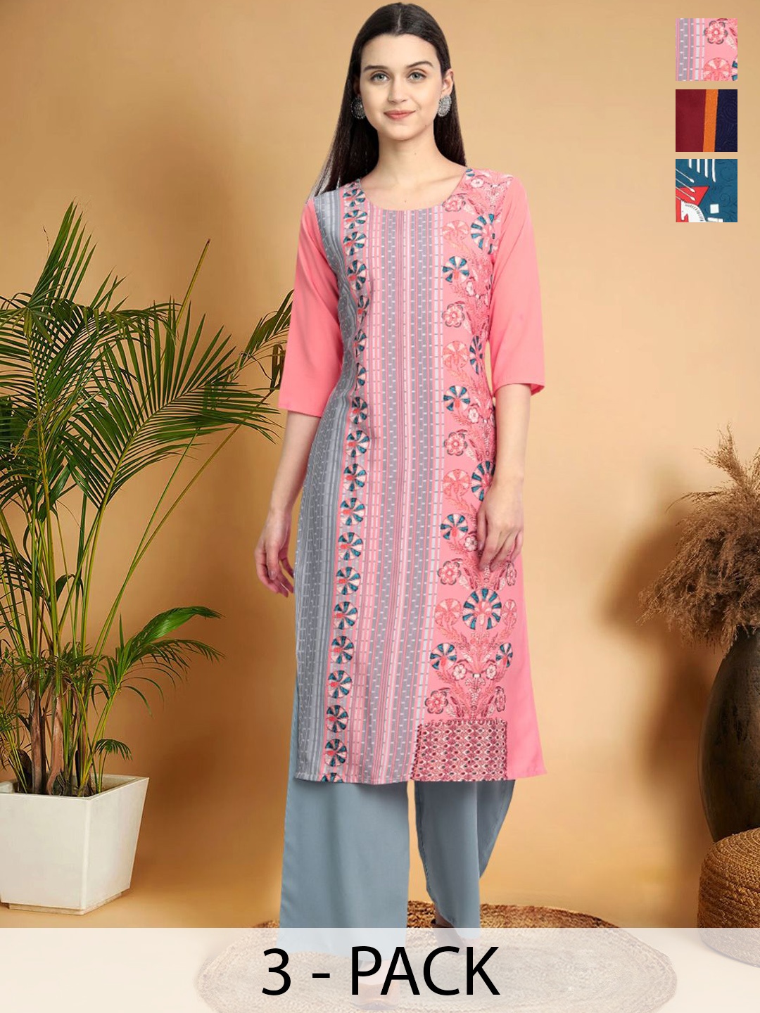 

7Threads Selection Of 3 Ethnic Motifs Printed Round Neck Straight Kurtas, Pink