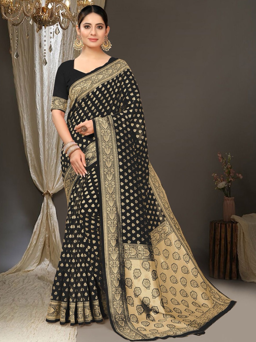 

Miss Beelee Woven Design Zari Banarasi Saree, Black