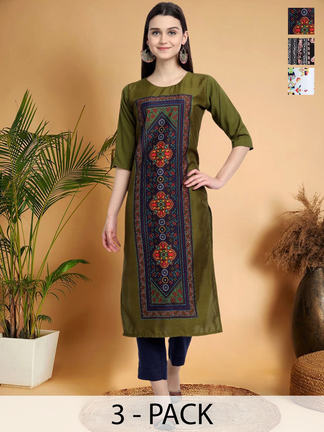 

7Threads Selection Of 3 Ethnic Motifs Printed Round Neck Straight Kurtas, Olive