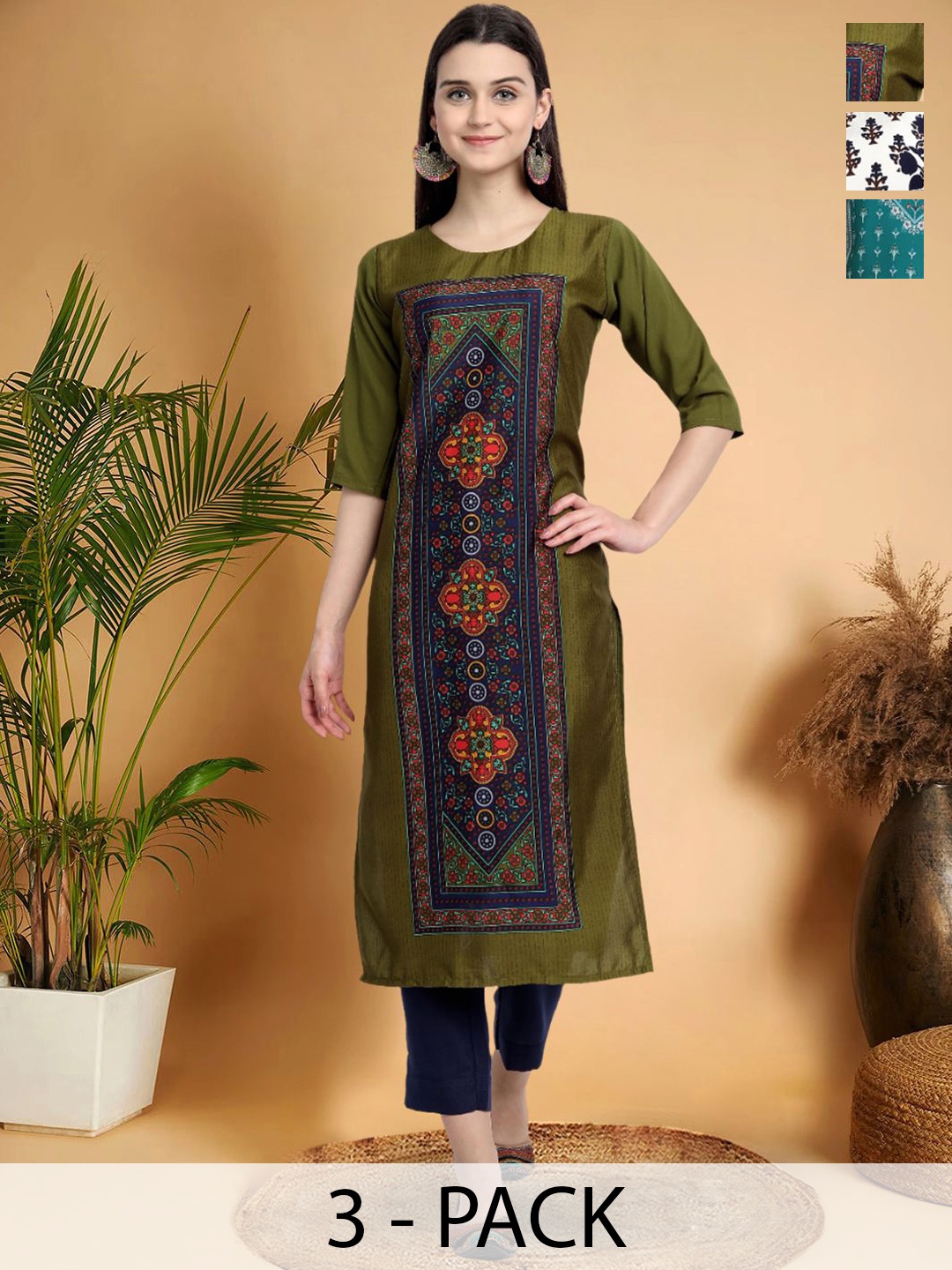

7Threads Selection Of 3 Ethnic Motifs Printed Round Neck Straight Kurtas, Olive