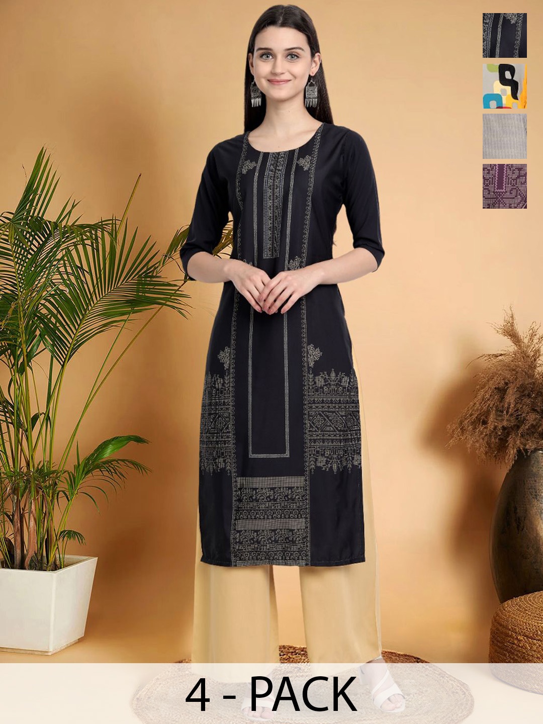 

7Threads Selection Of 4 Ethnic Motifs Printed Round Neck Straight Kurtas, Black