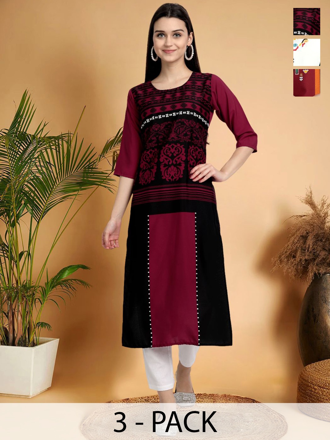

7Threads Selection Of 3 Ethnic Motifs Printed Round Neck Straight Kurtas, Maroon