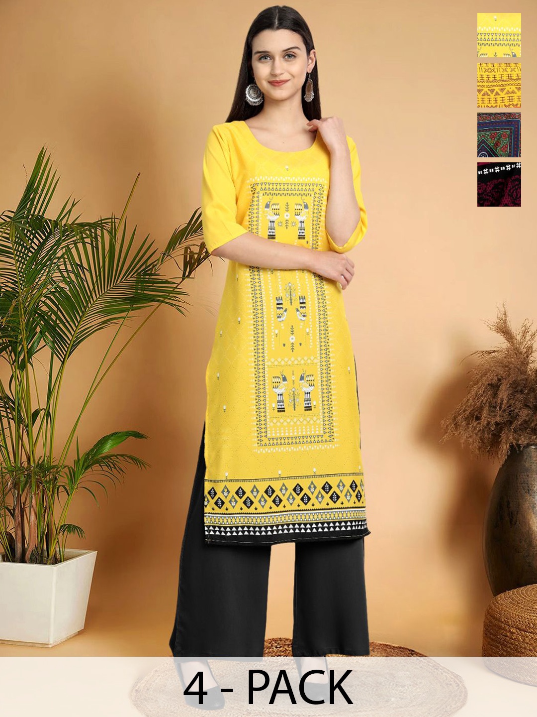 

7Threads Selection Of 4 Geometric Printed Round Neck Striaght Kurtas, Yellow