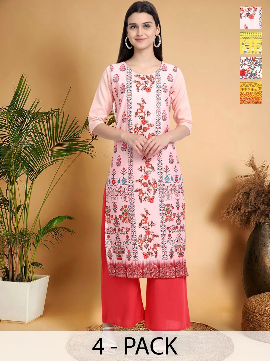 7Threads Selection Of 4 Floral Printed Round Neck Straight Kurtas, Peach