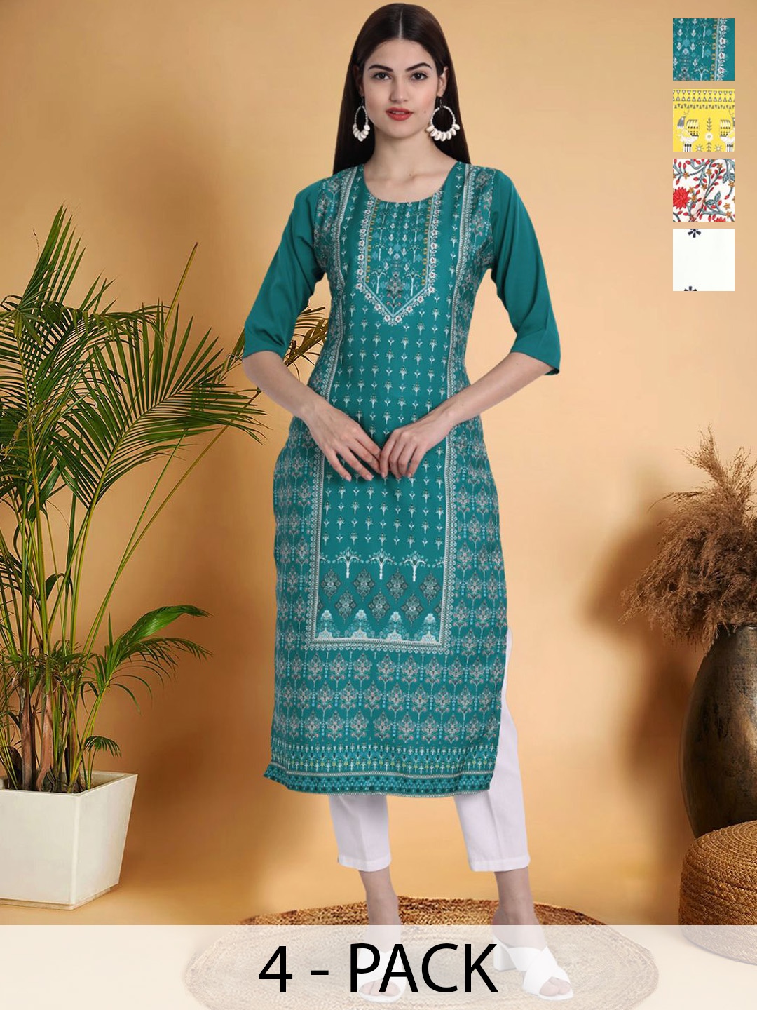 

7Threads Selection Of 4 Floral Printed Round Neck Straight Kurtas, Teal