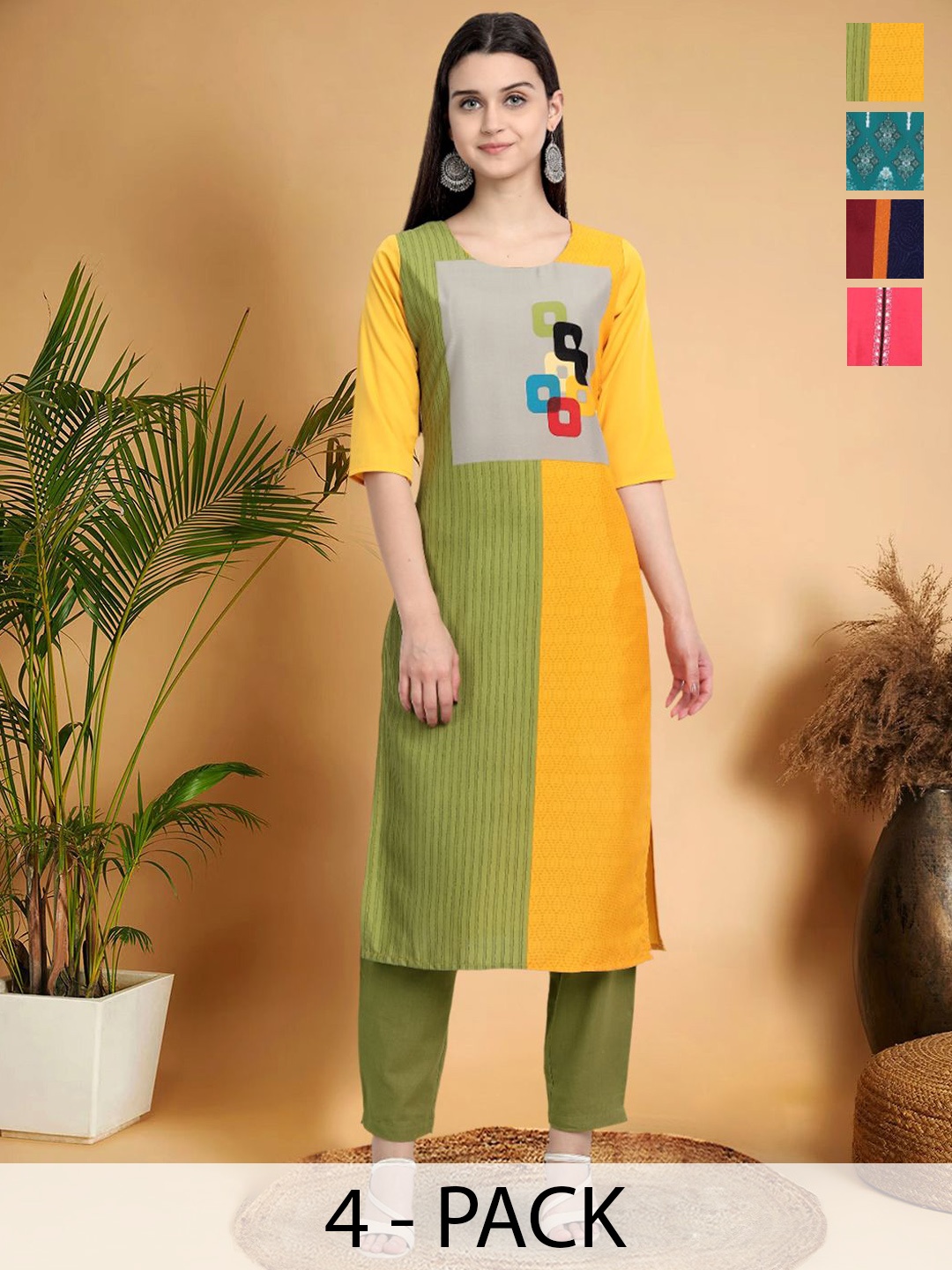 

7Threads Selection Of 4 Colourblocked Printed Round Neck Straight Kurtas, Yellow