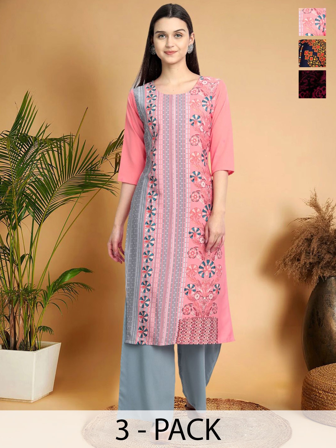 

7Threads Selection Of 3 Floral Printed Round Neck Straight Kurtas, Pink