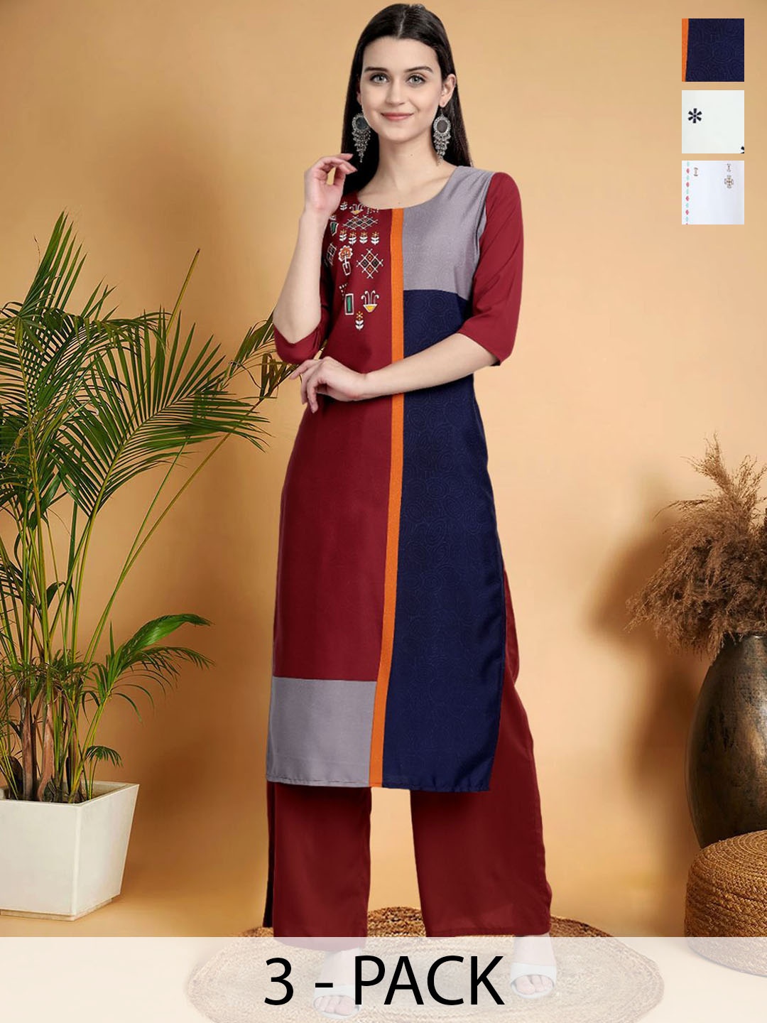 

7Threads Selection Of 3 Colourblocked Printed Round Neck Straight Kurtas, Brown