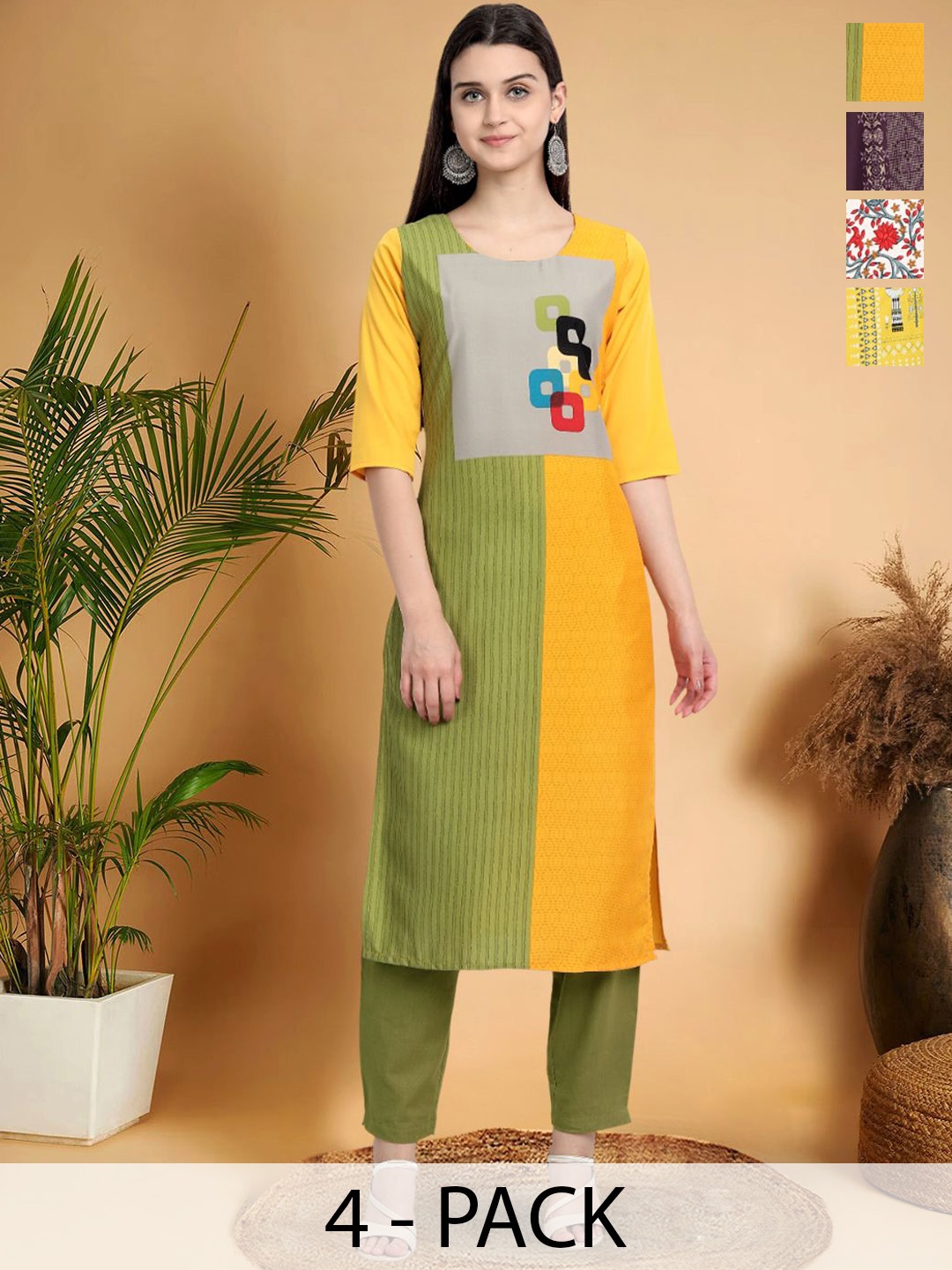 

7Threads Selection Of 4 Colourblocked Printed Round Neck Straight Kurtas, Yellow