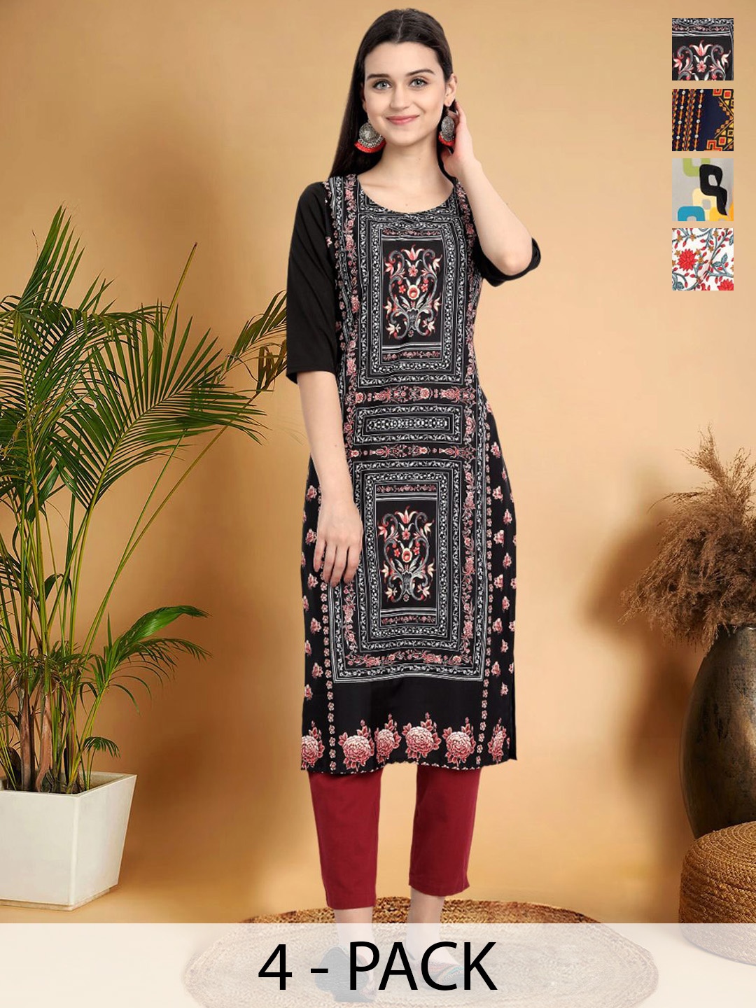 7Threads Selection Of 4 Floral Printed Round Neck Straight Kurtas, Black