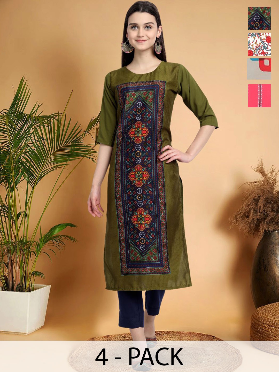 7Threads Selection Of 4 Floral Printed Round Neck Straight Kurtas, Green