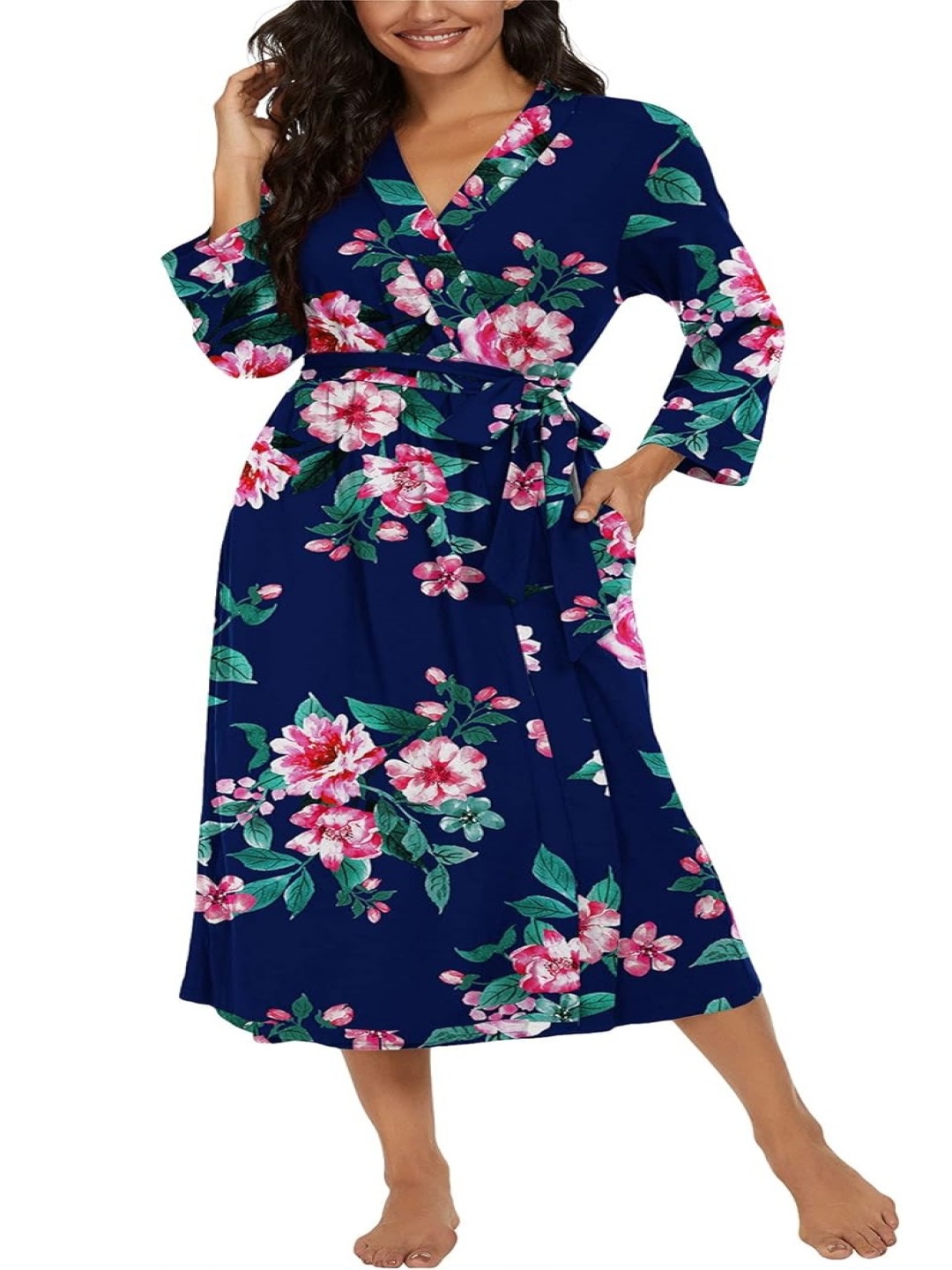 

XPIOX Women Floral Printed Satin Robe, Navy blue