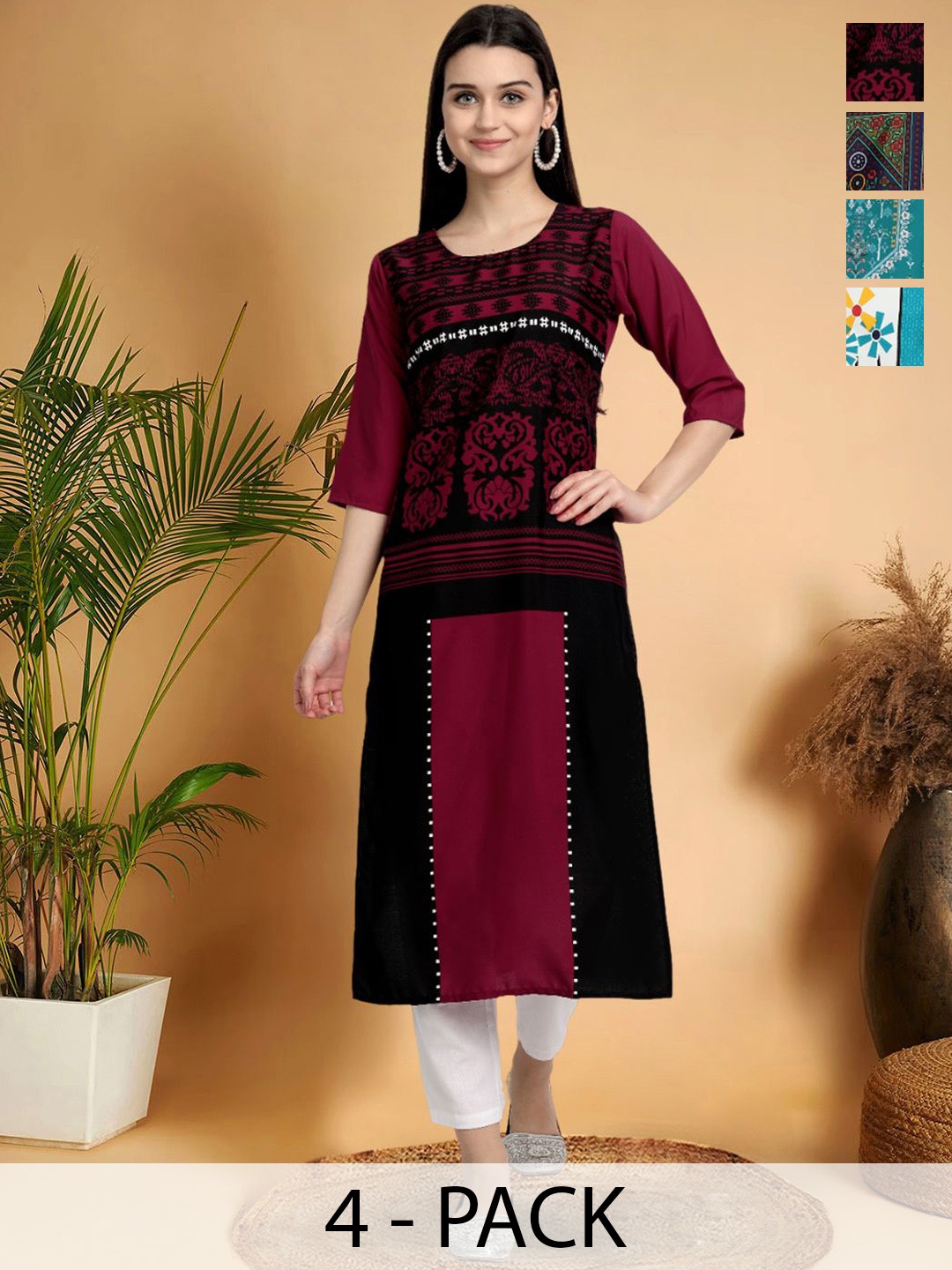 

7Threads Selection Of 4 Ethnic Motifs Printed Round Neck Straight Kurtas, Maroon