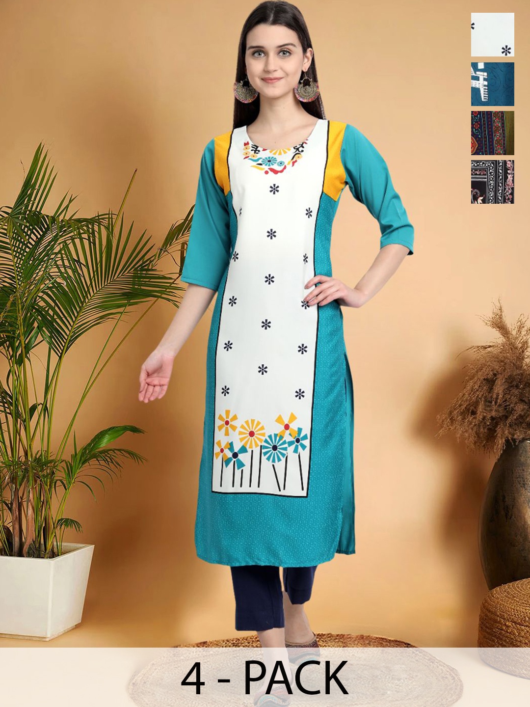 

7Threads Selection Of 4 Floral Printed Round Neck Straight Kurtas, Blue