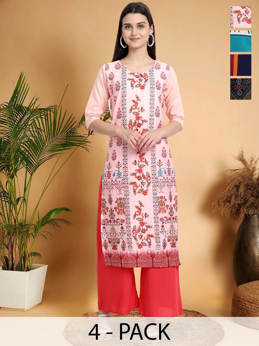 7Threads Selection Of 4 Floral Printed Round Neck Straight Kurtas, Peach