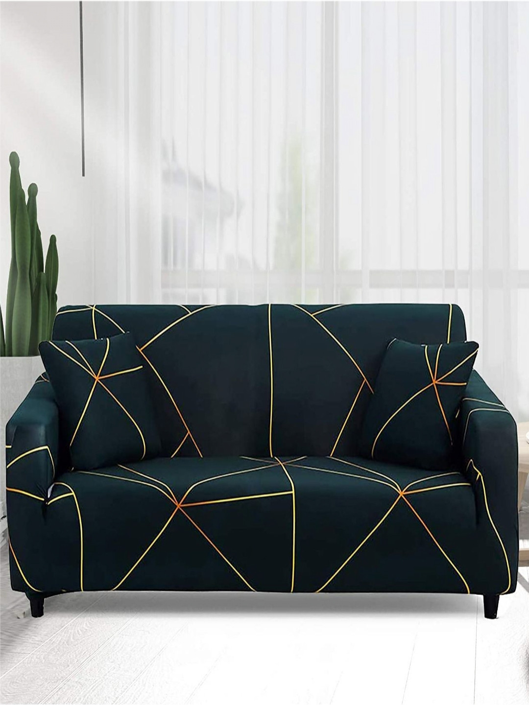 

HOUSE OF QUIRK Three-Seater Green & Gold-Toned Polyester 1 Piece Sofa Cover with Arms