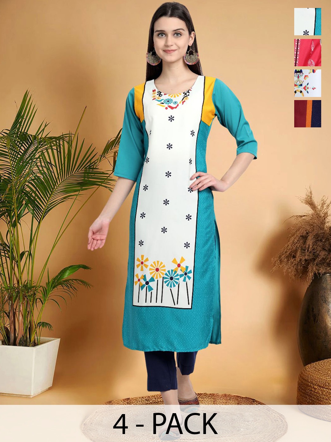 

7Threads Selection Of 4 Floral Printed Round Neck Straight Kurtas, Blue