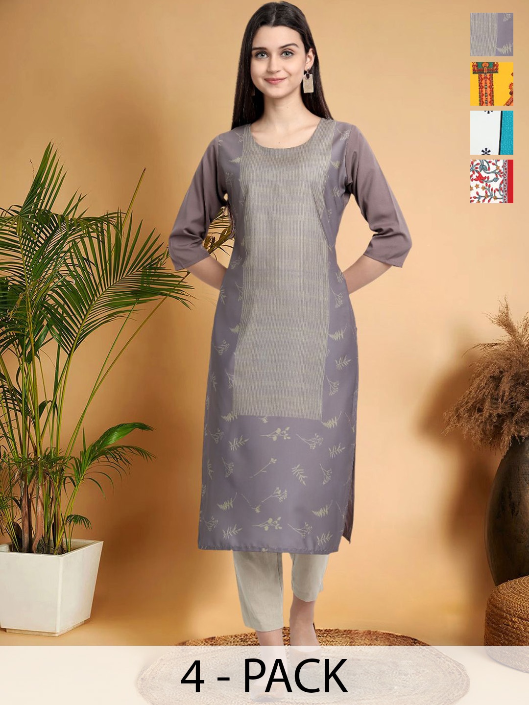 

7Threads Selection Of 4 Floral Printed Round Neck Straight Kurtas, Grey