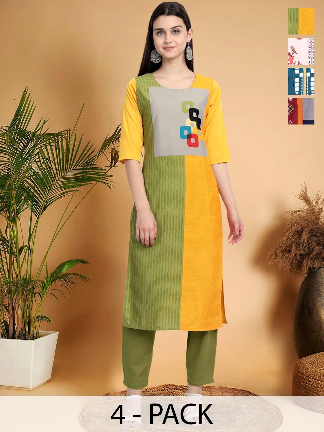 

7Threads Selection Of 4 Colourblocked Printed Round Neck Straight Kurtas, Yellow