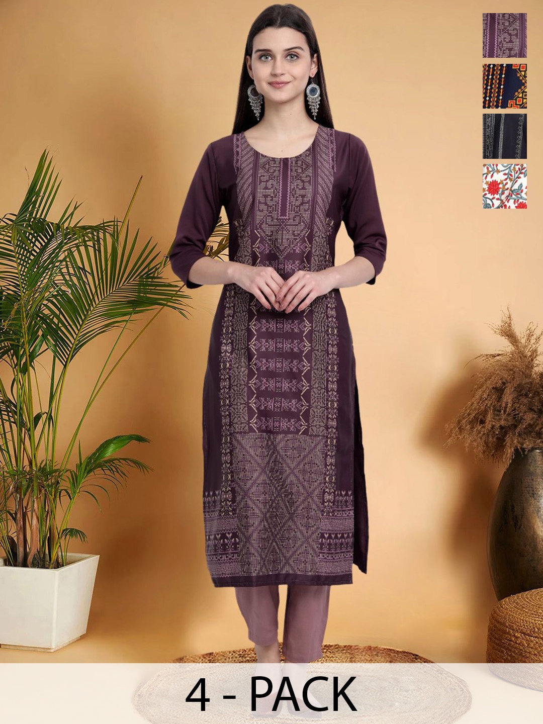 7Threads Selection Of 4 Geometric Printed Round Neck Straight Kurtas, Brown
