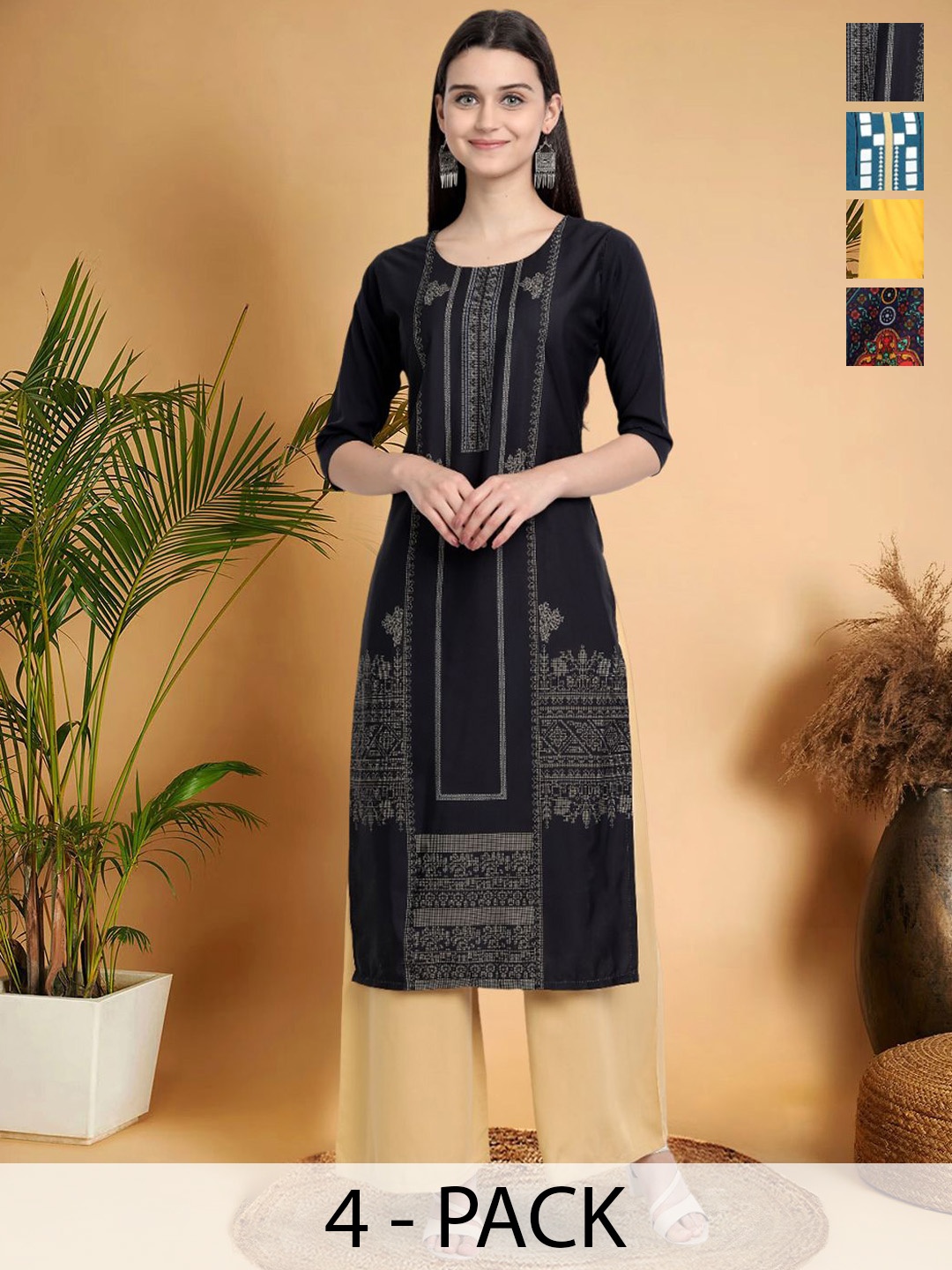 

7Threads Selection Of 4 Geometric Printed Round Neck Straight Kurtas, Black