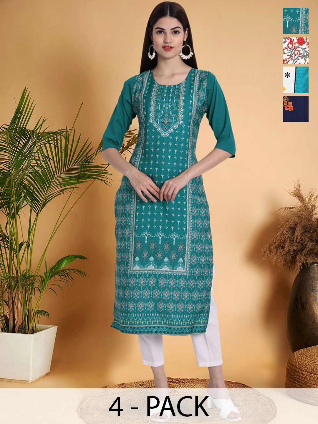 7Threads Selection Of 4 Floral Printed Round Neck Straight Kurtas, Teal