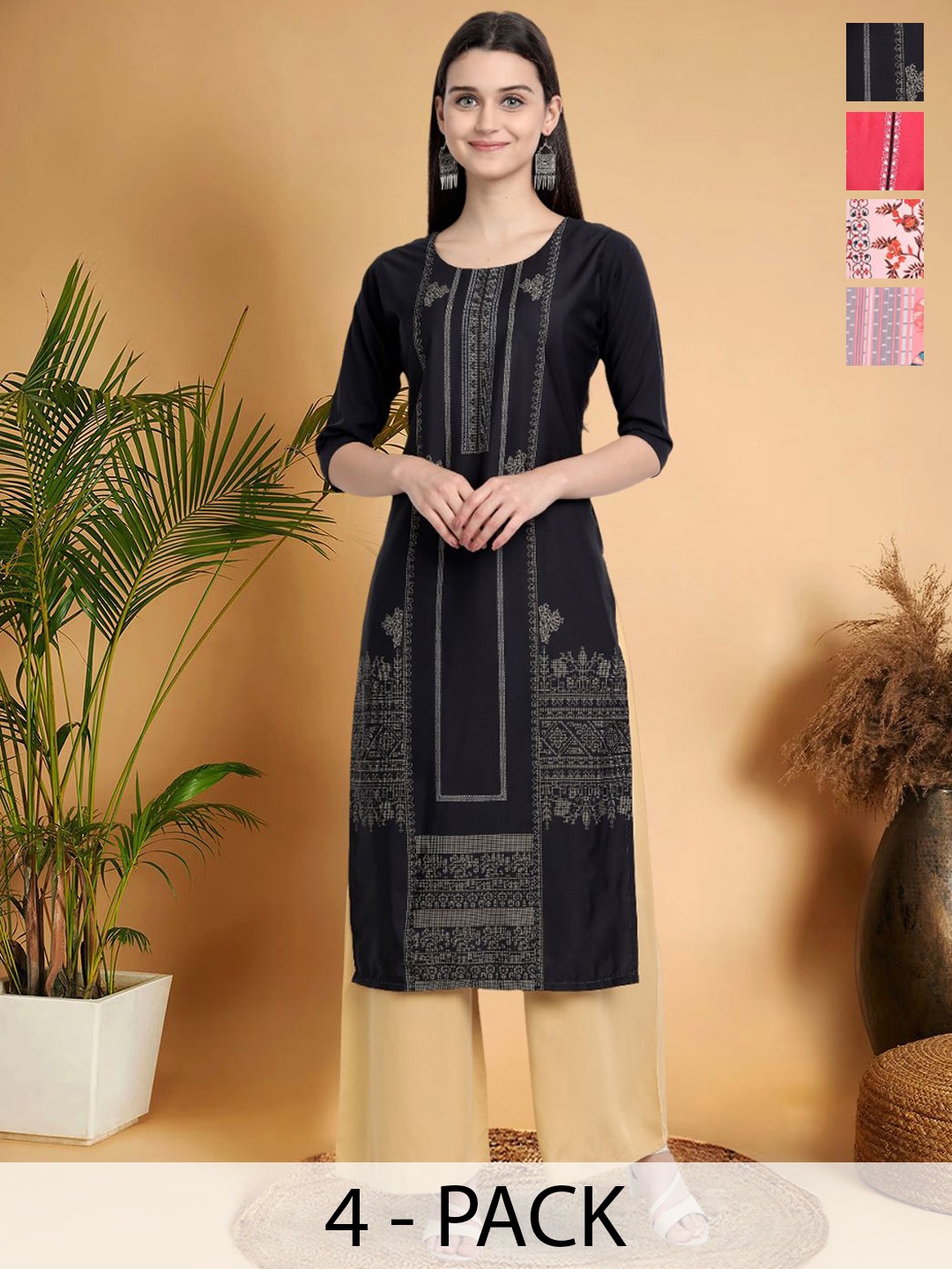 

7Threads Selection Of 4 Geometric Printed Round Neck Straight Kurtas, Black