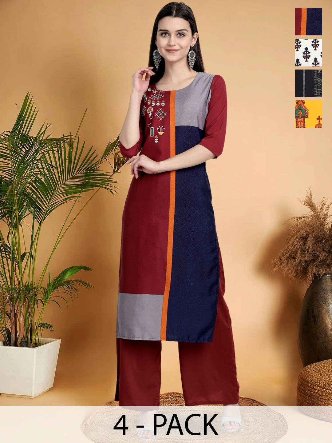 

7Threads Selection Of 4 Colourblocked Printed Round Neck Straight Kurtas, Brown
