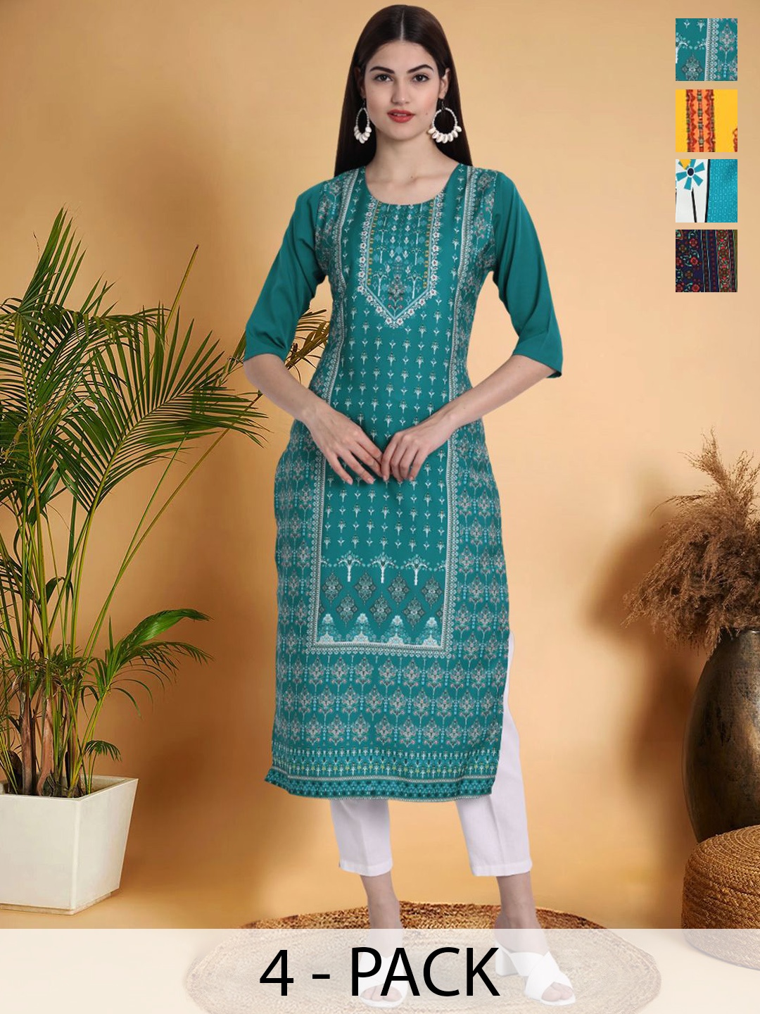 

7Threads Selection Of 4 Floral Printed Round Neck Straight Kurtas, Teal