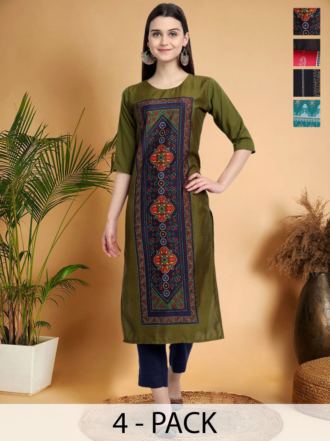 

7Threads Selection Of 4 Floral Printed Round Neck Straight Kurtas, Green