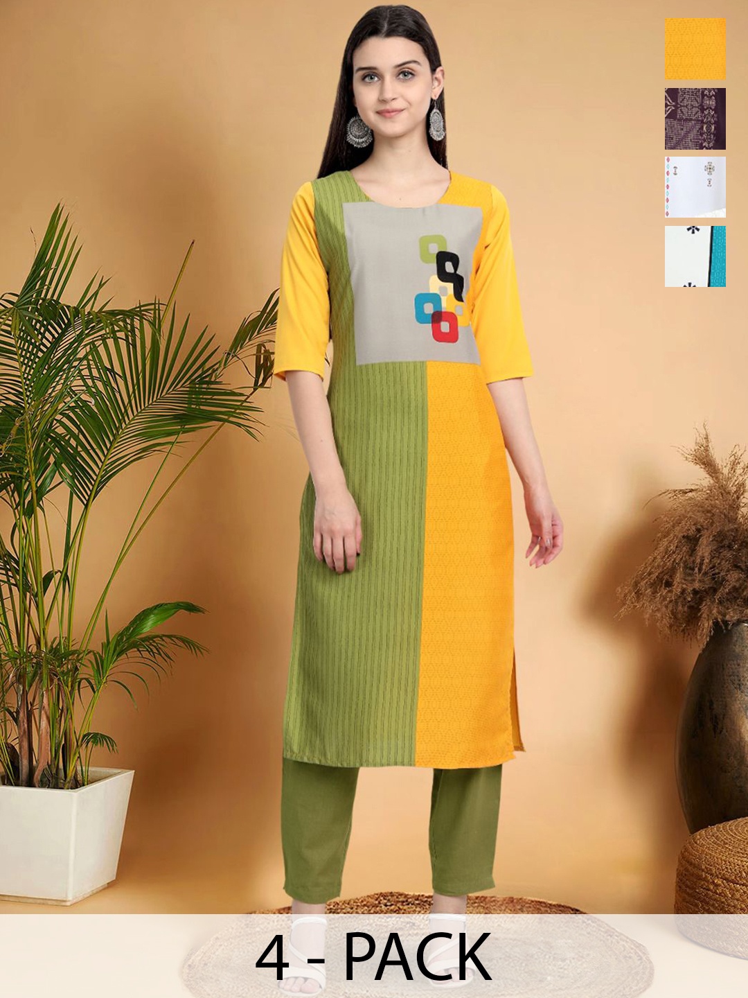 7Threads Selection Of 4 Colourblocked Printed Round Neck Straight Kurtas, Yellow