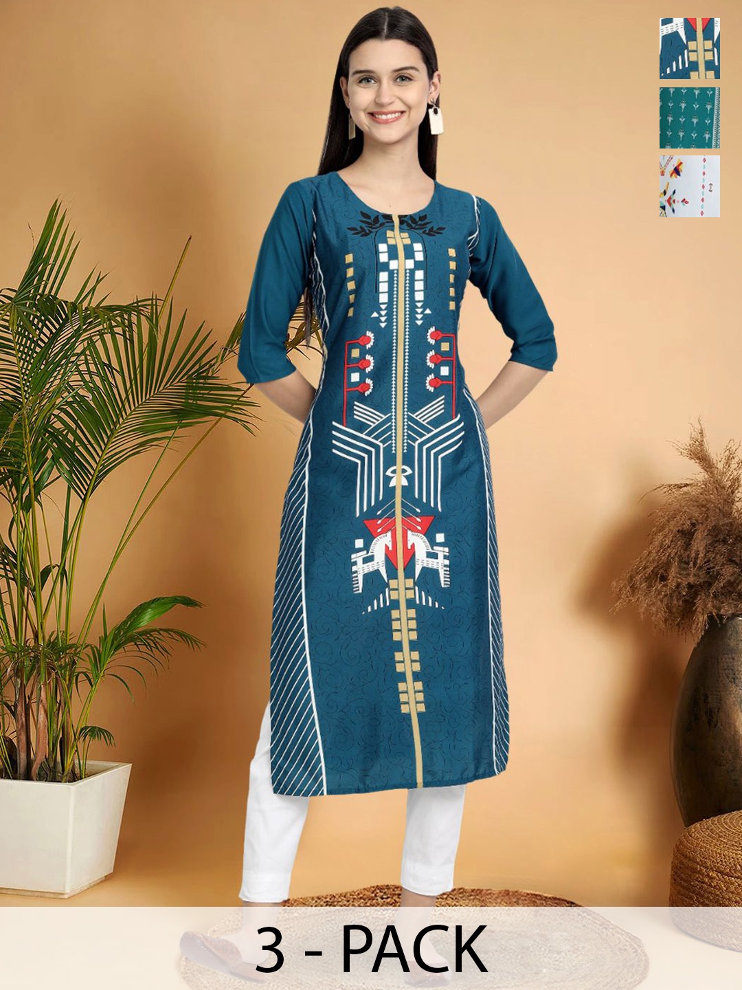 

7Threads Selection Of 3 Geometric Printed Round Neck Straight Kurtas, Blue