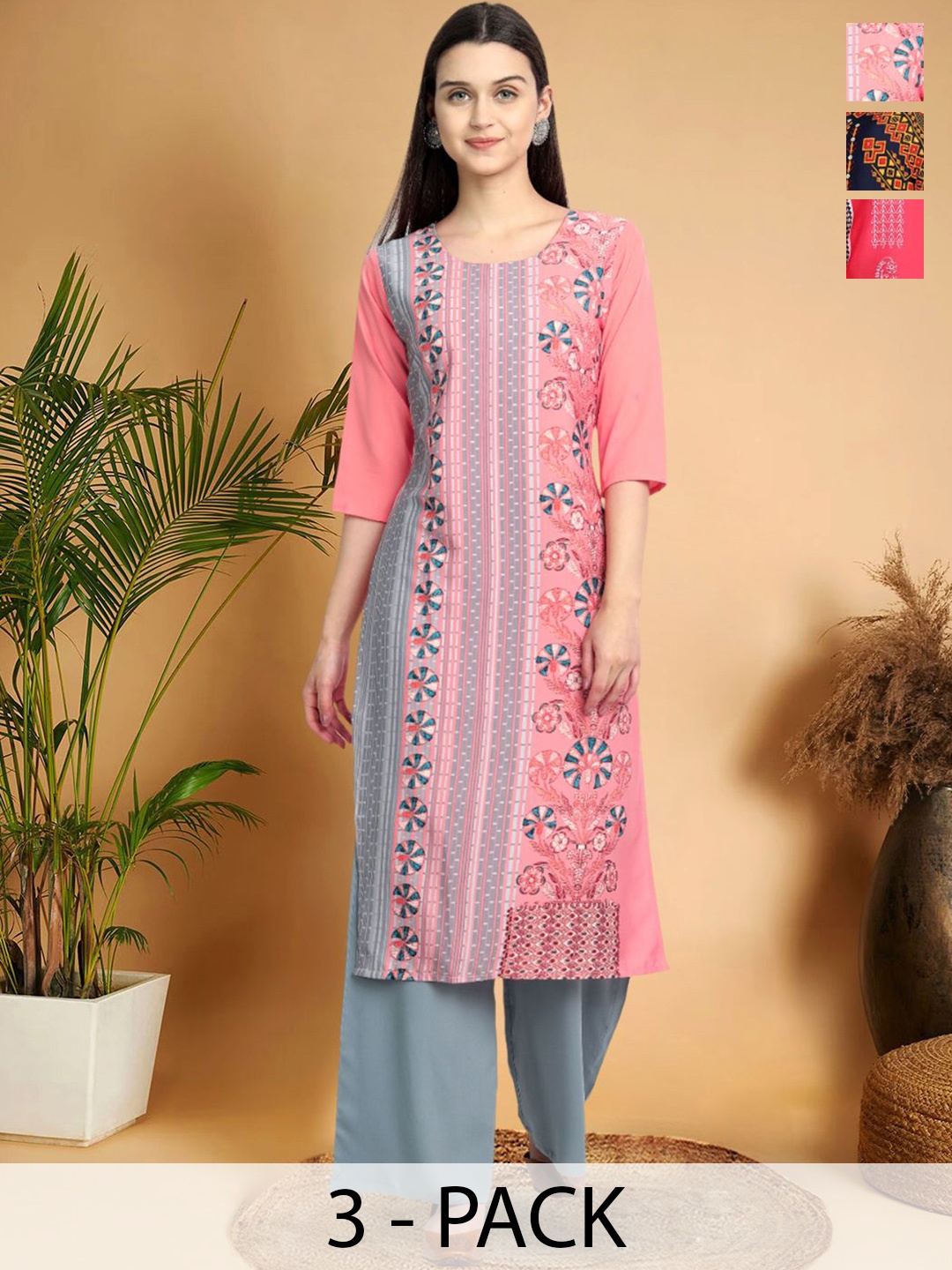 

7Threads Selection Of 3 Floral Printed Round Neck Straight Kurtas, Pink