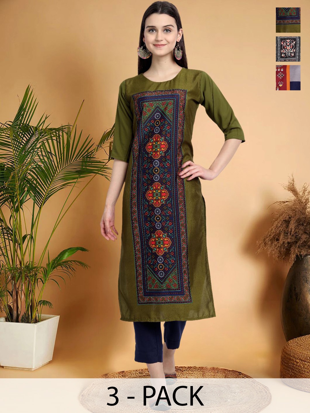7Threads Selection Of 3 Ethnic Motifs Printed Straight Kurtas, Grey