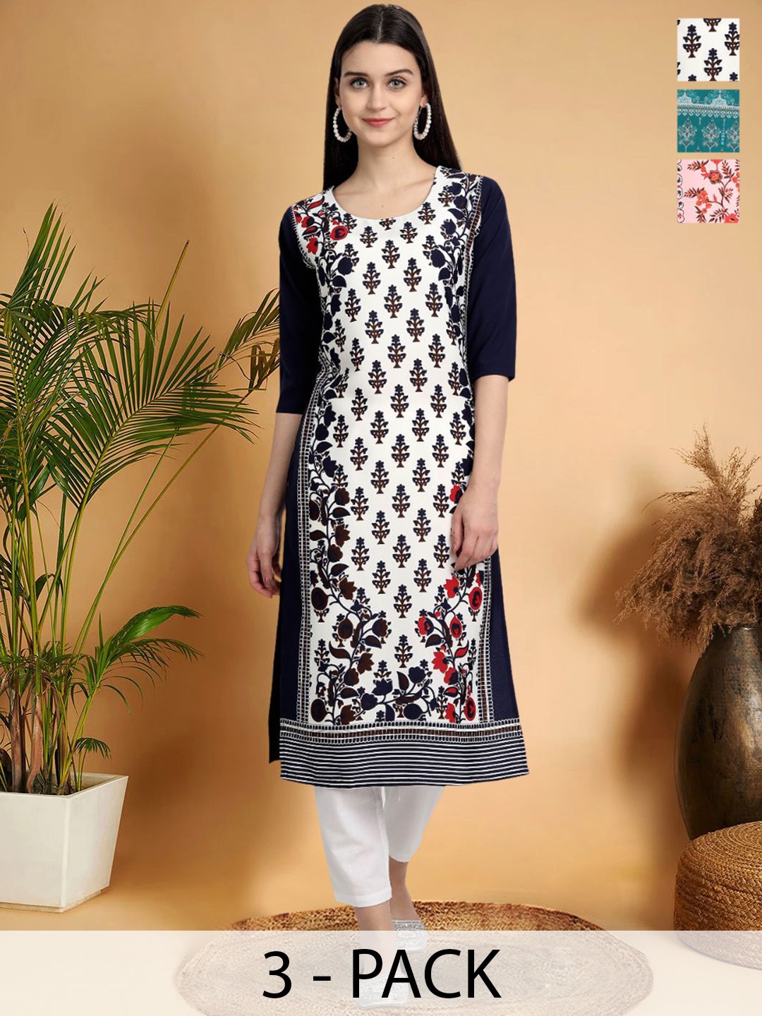 

7Threads Selection Of 3 Floral Printed Round Neck Straight Kurtas, Navy blue