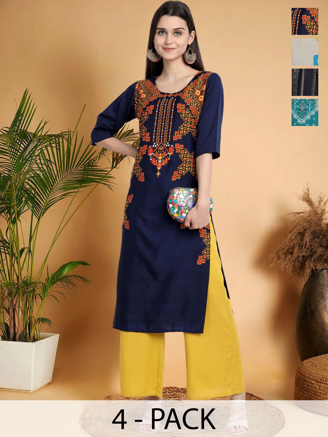 

7Threads Selection Of 4 Ethnic Motifs Printed Straight Kurtas, Navy blue
