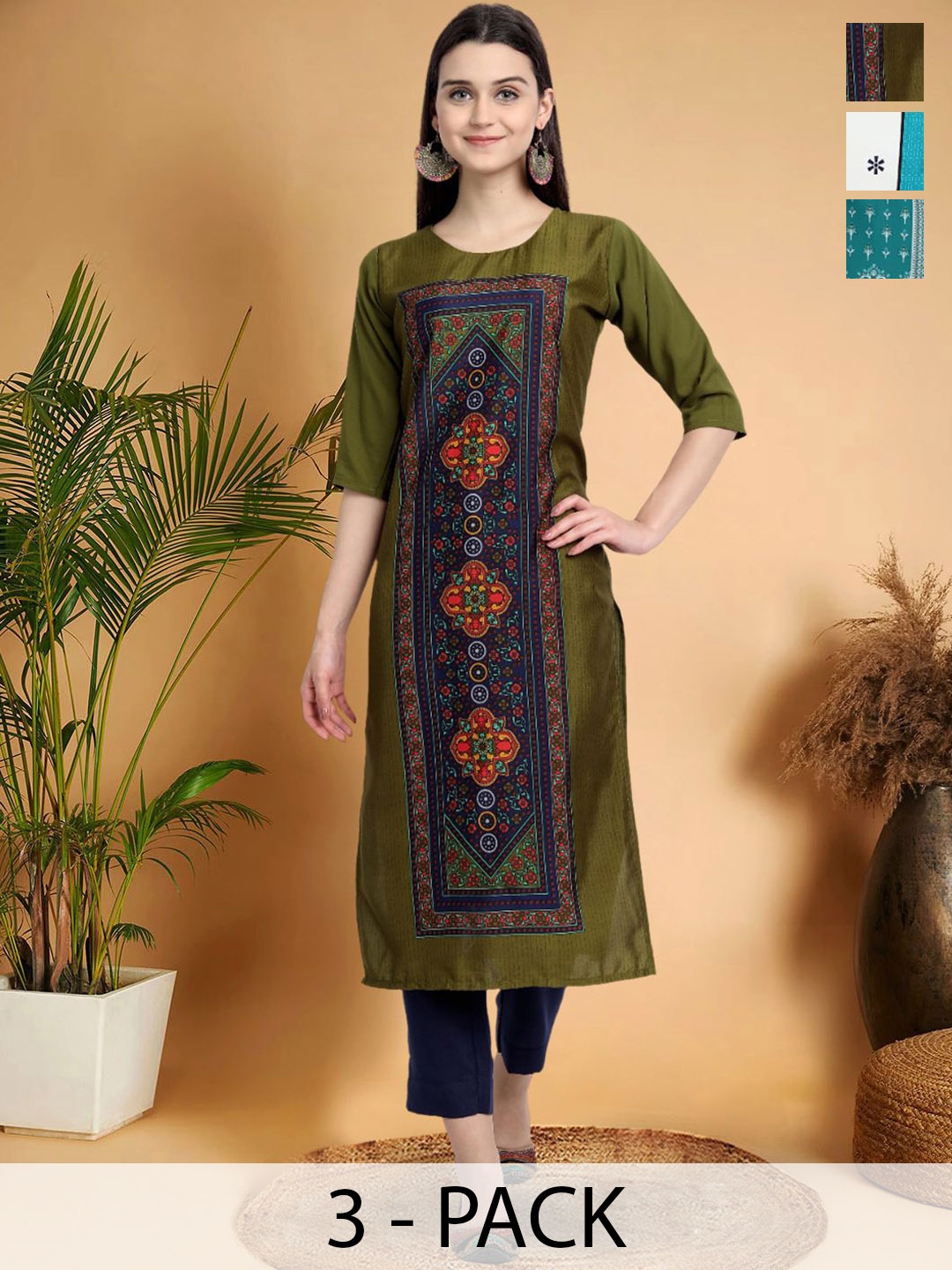 

7Threads Selection Of 3 Ethnic Motifs Printed Straight Kurtas, Green