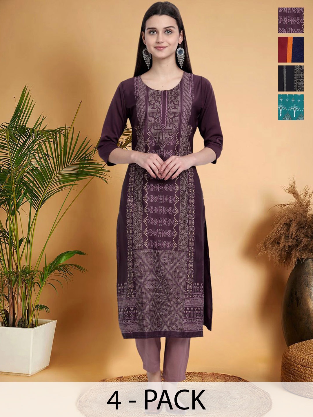 

7Threads Selection Of 4 Ethnic Motifs Printed Straight Kurtas, Purple