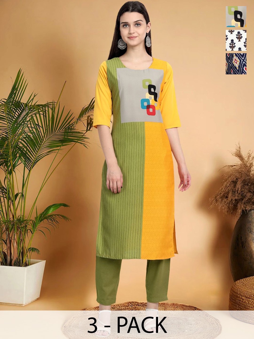 

7Threads Selection Of 3 Colourblocked Printed Straight Kurtas, Green