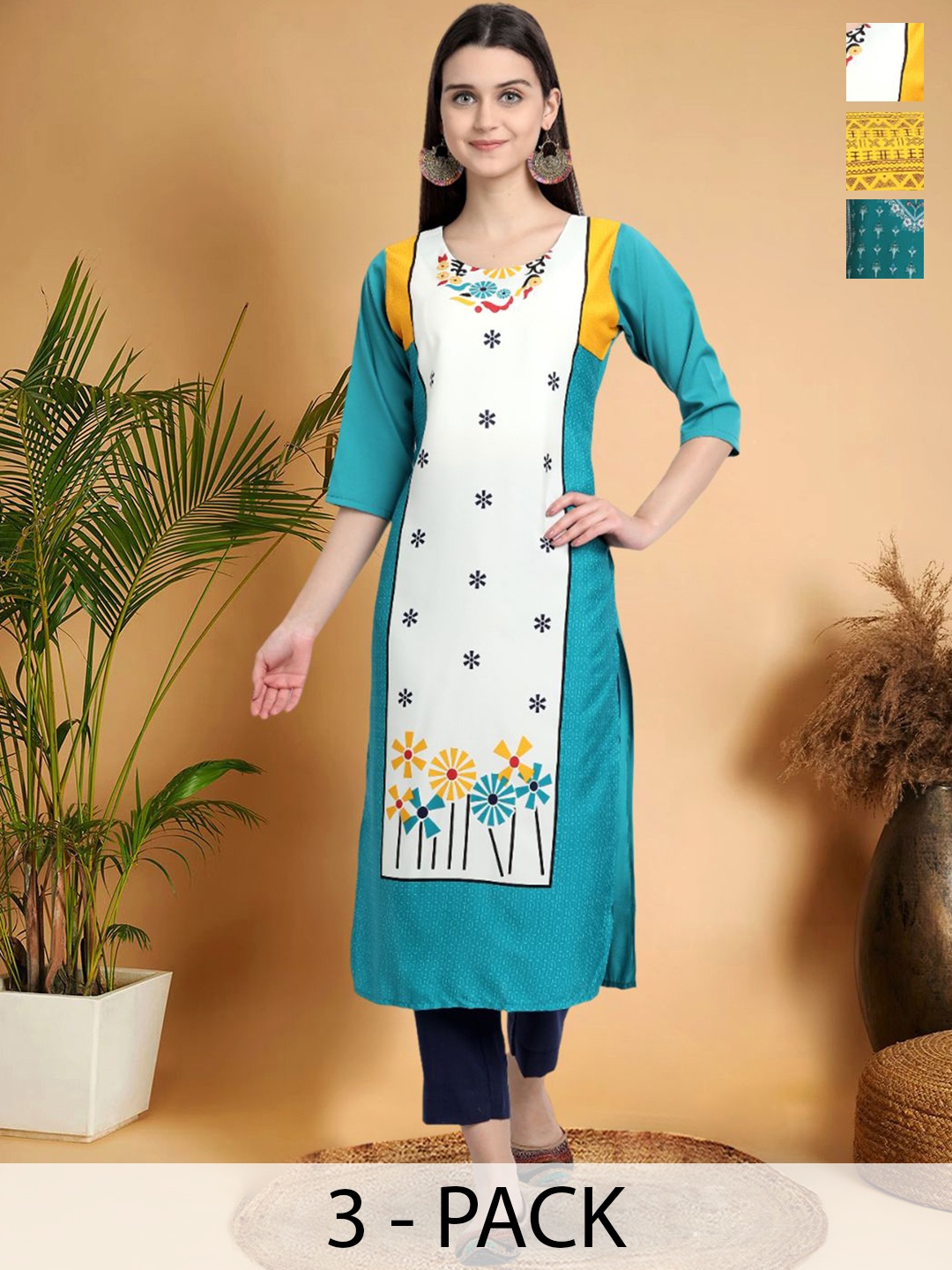 

7Threads Selection Of 3 Floral Printed Straight Kurtas, Blue