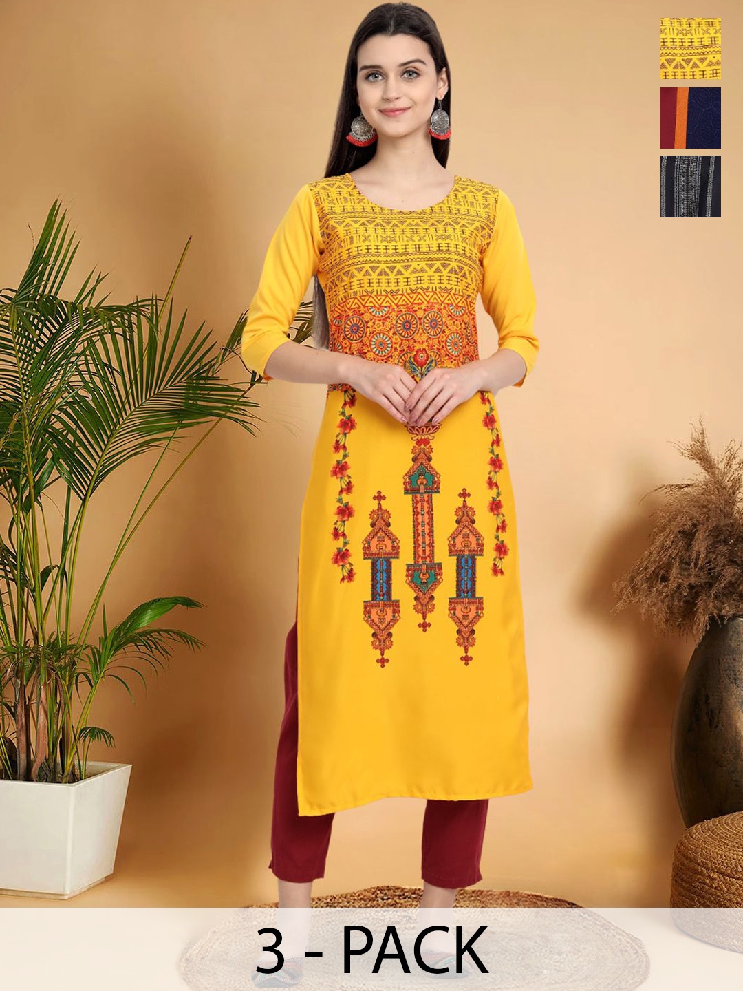 

7Threads Selection Of 3 Ethnic Motifs Printed Straight Kurtas, Yellow